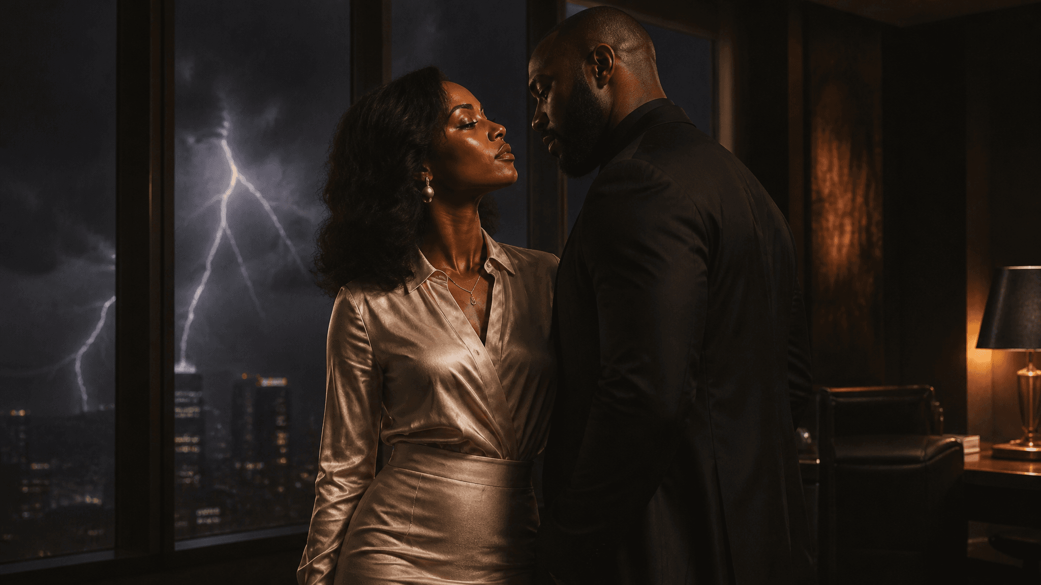 Cinematic mood scene from The Beauty of the Burn — tension between Mahogany and Micah